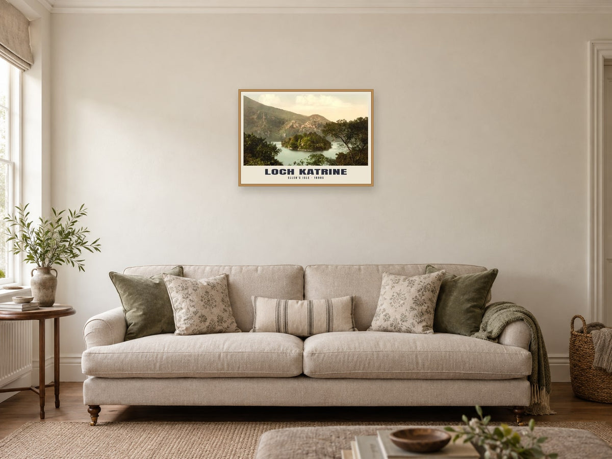 Ellen's Isle, Loch Katrine, 1890s Heritage Print at A2, in an oak frame, in a sitting room