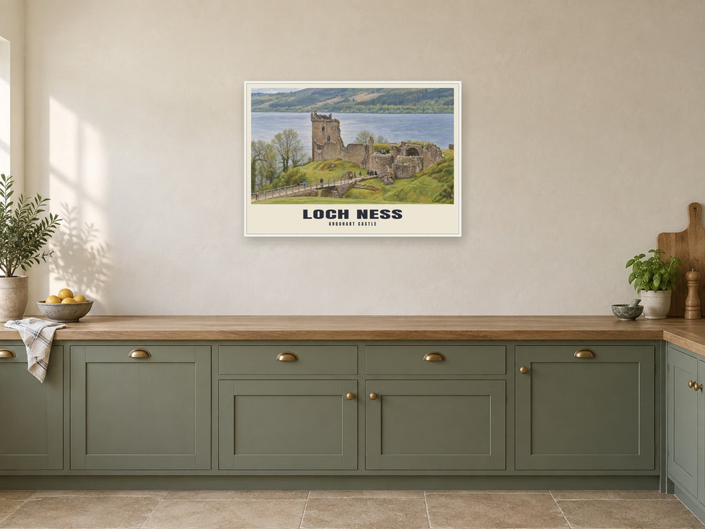 Urquhart Castle, Loch Ness Poster at A1, in a white frame, in a kitchen