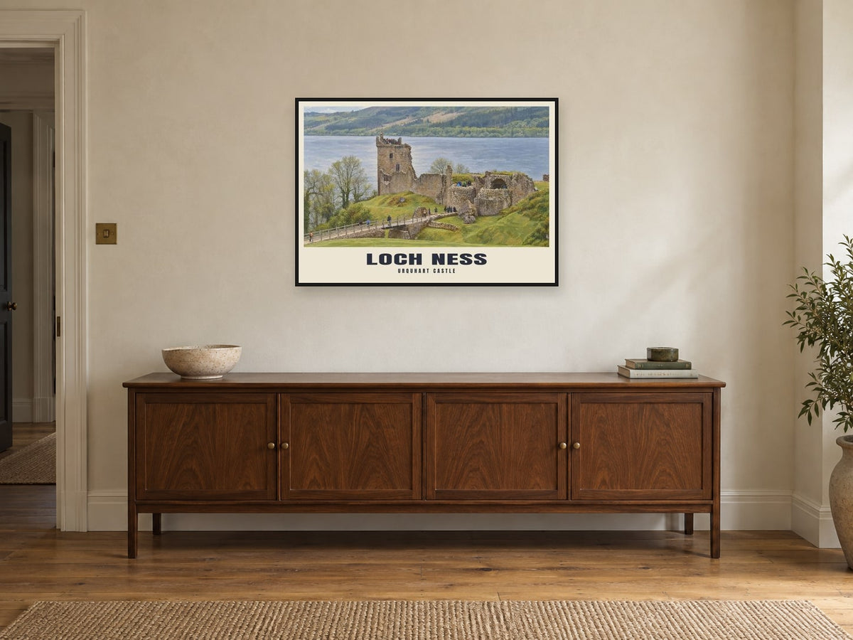 Urquhart Castle, Loch Ness Poster at A1, in a black frame, above a sideboard