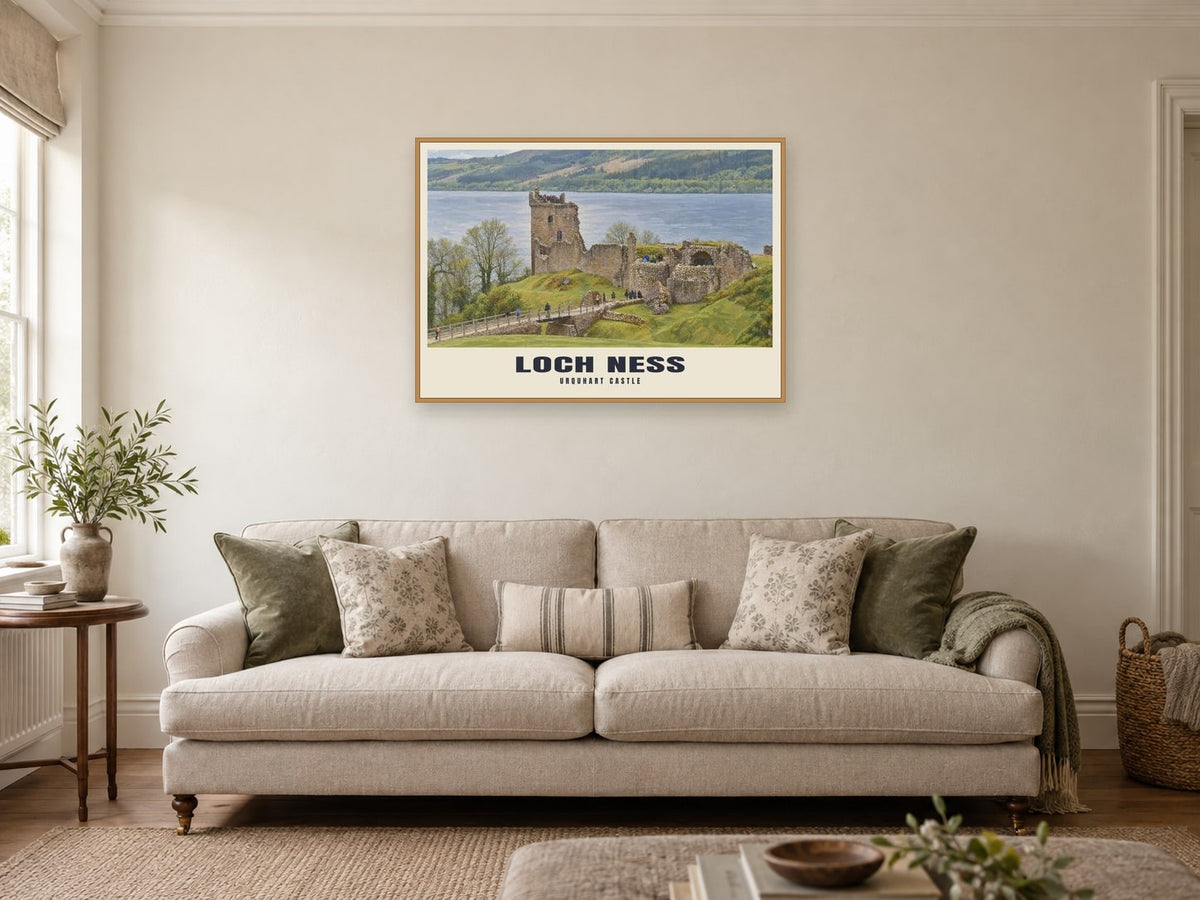 Urquhart Castle, Loch Ness Poster at A1, in an oak frame, in a sitting room