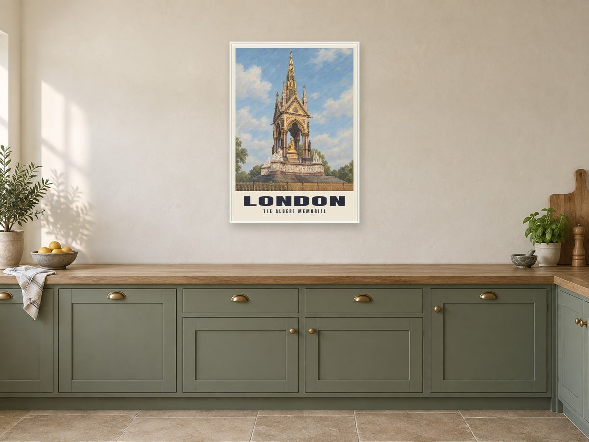 The Albert Memorial, London Poster at A1, in a white frame, in a kitchen