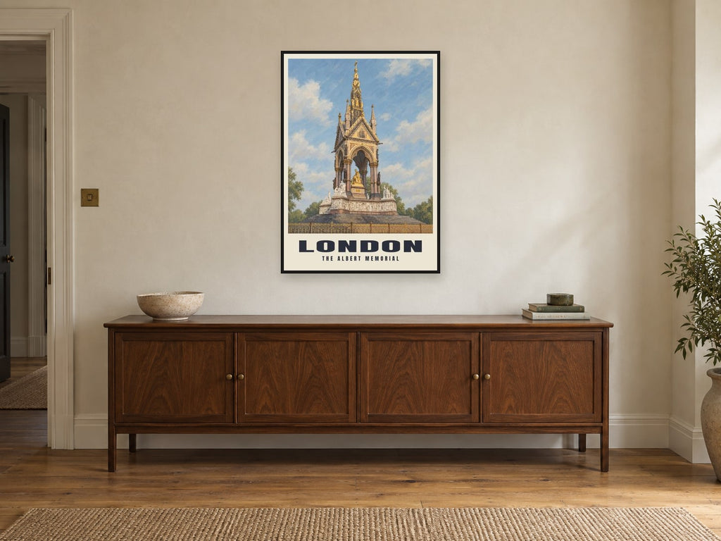 The Albert Memorial, London Poster at A1, in a black frame, above a sideboard
