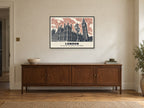 Big Ben and the Houses of Parliament, London Poster at A1, in a black frame, above a sideboard