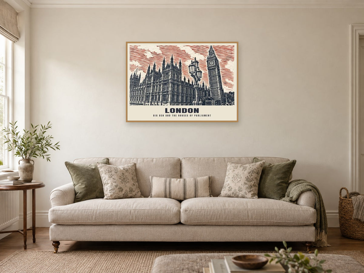 Big Ben and the Houses of Parliament, London Poster at A1, in an oak frame, in a sitting room