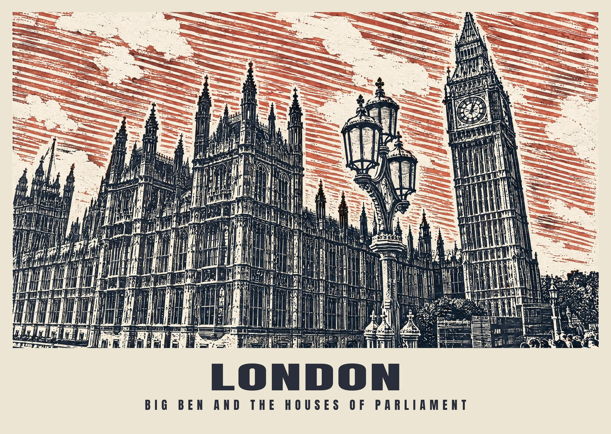 Big Ben and the Houses of Parliament, London poster in the Linocut style