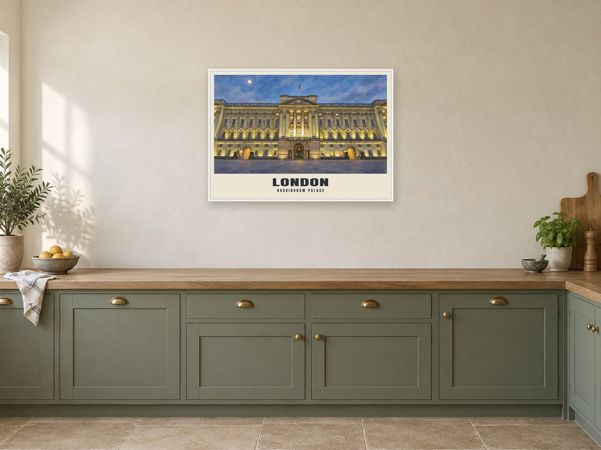 Buckingham Palace, London Poster at A1, in a white frame, in a kitchen