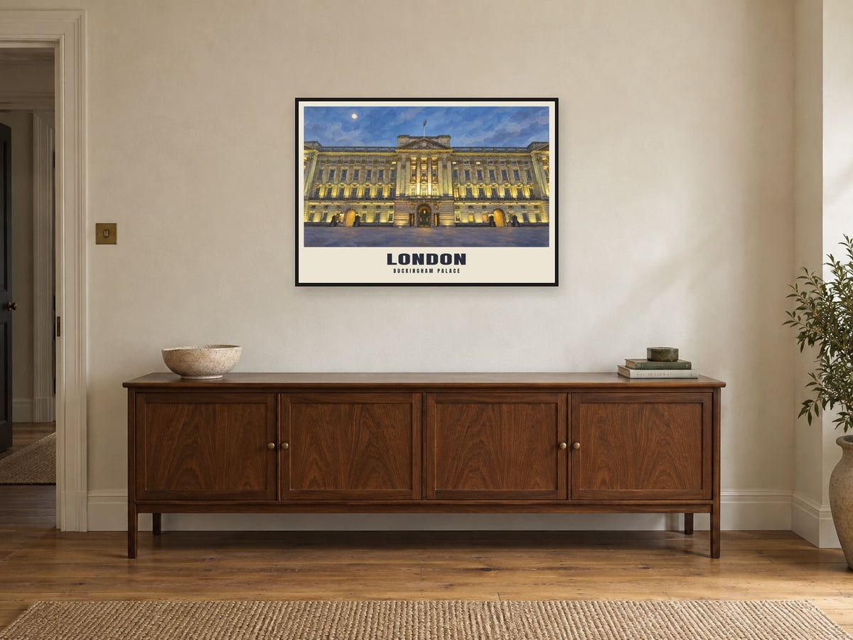 Buckingham Palace, London Poster at A1, in a black frame, above a sideboard