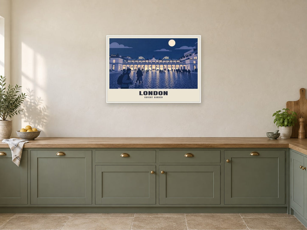 Covent Garden, London Poster at A1, in a white frame, in a kitchen