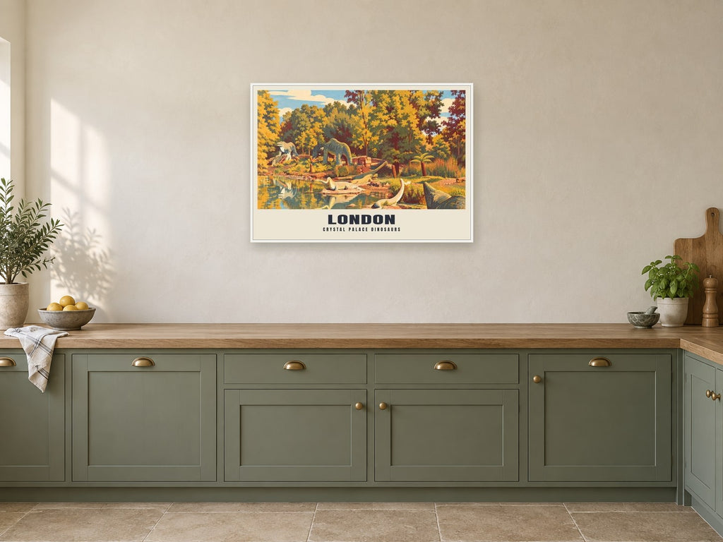 Crystal Palace Dinosaurs, London Poster at A1, in a white frame, in a kitchen