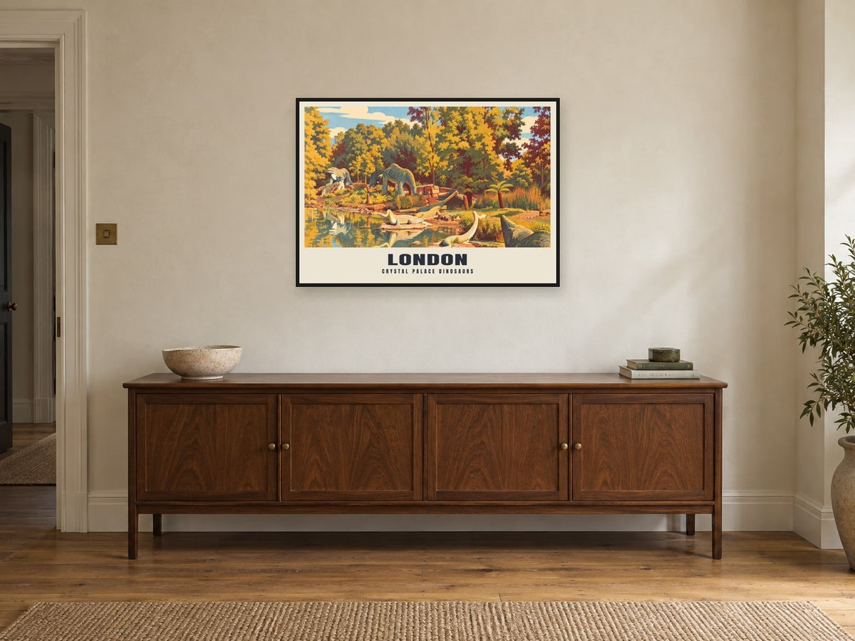 Crystal Palace Dinosaurs, London Poster at A1, in a black frame, above a sideboard