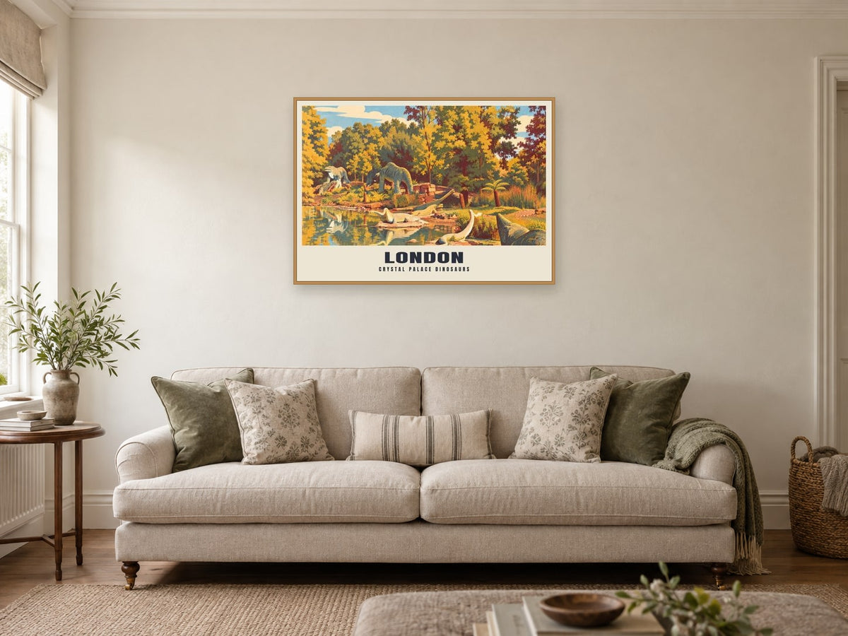 Crystal Palace Dinosaurs, London Poster at A1, in an oak frame, in a sitting room