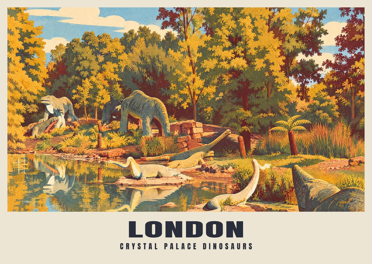 Crystal Palace Dinosaurs, London poster in the Retro Railway style