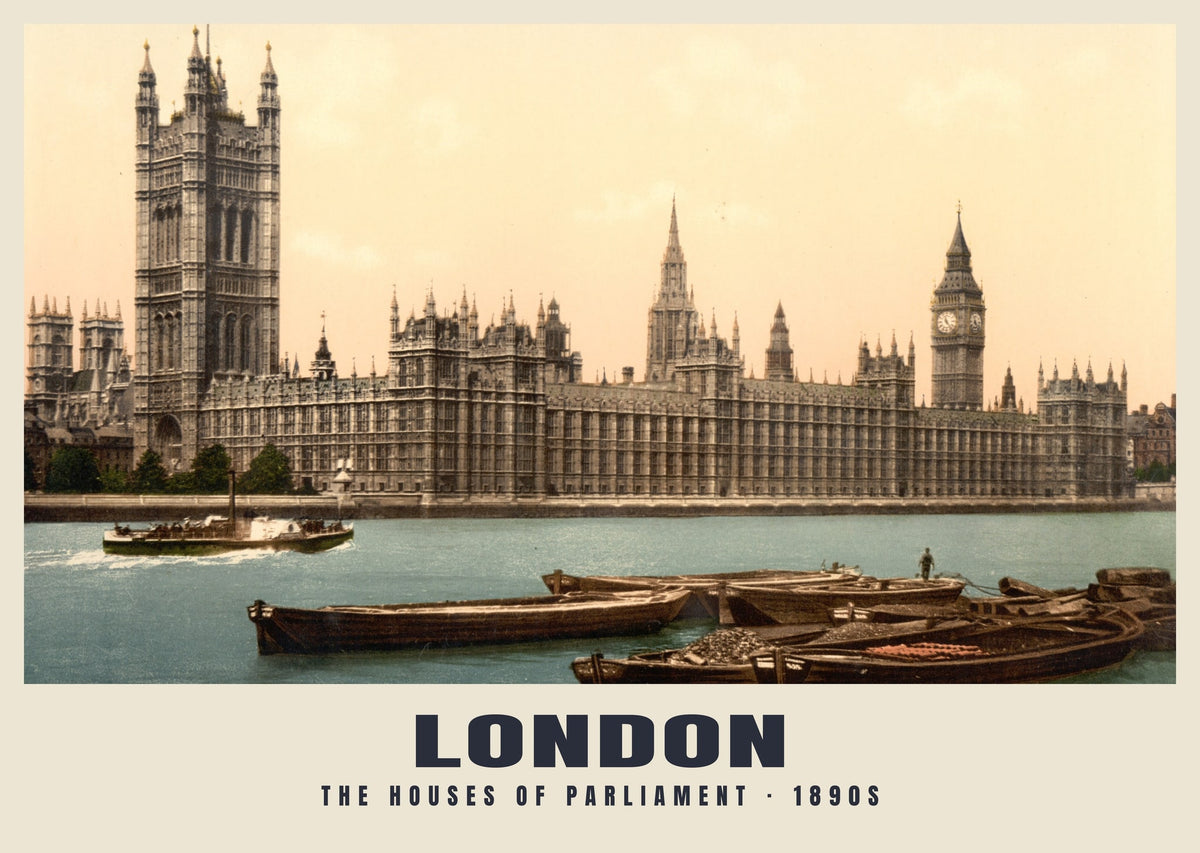 The Houses of Parliament, London, 1890s hand-coloured photochrom heritage print