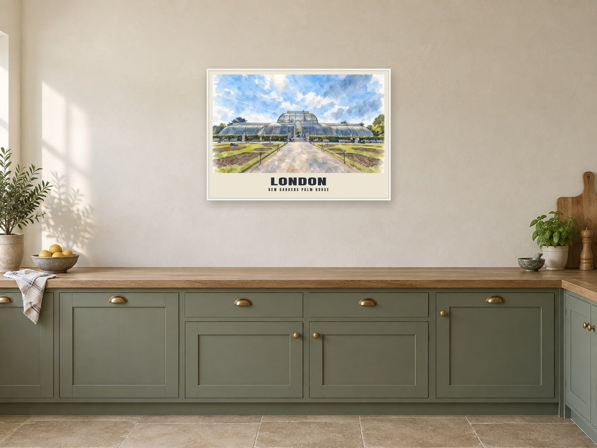 Kew Gardens Palm House, London Poster at A1, in a white frame, in a kitchen
