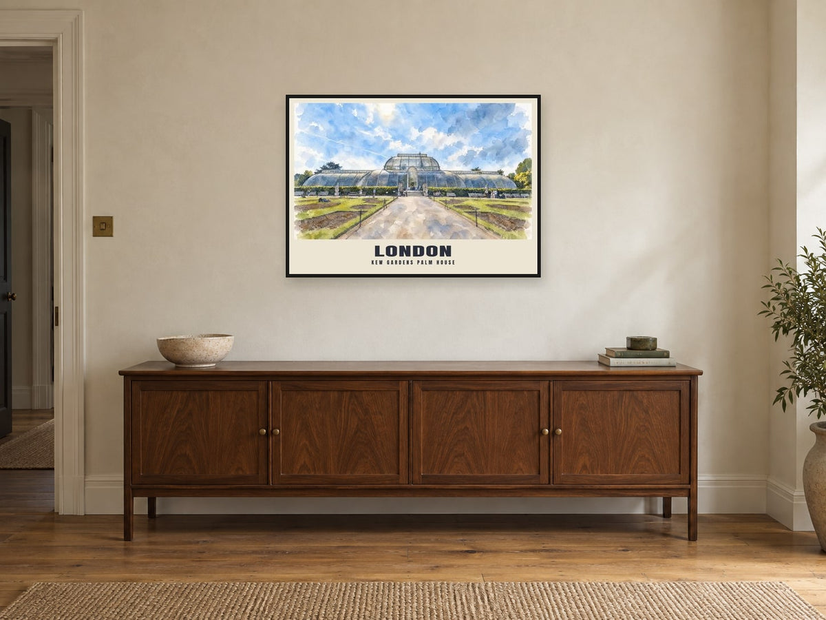 Kew Gardens Palm House, London Poster at A1, in a black frame, above a sideboard