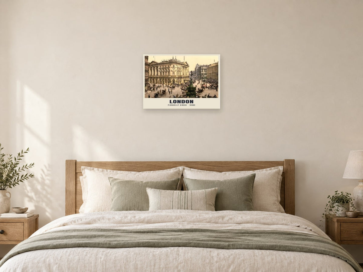 Piccadilly Circus, London Poster at A2, as a poster, above a bed