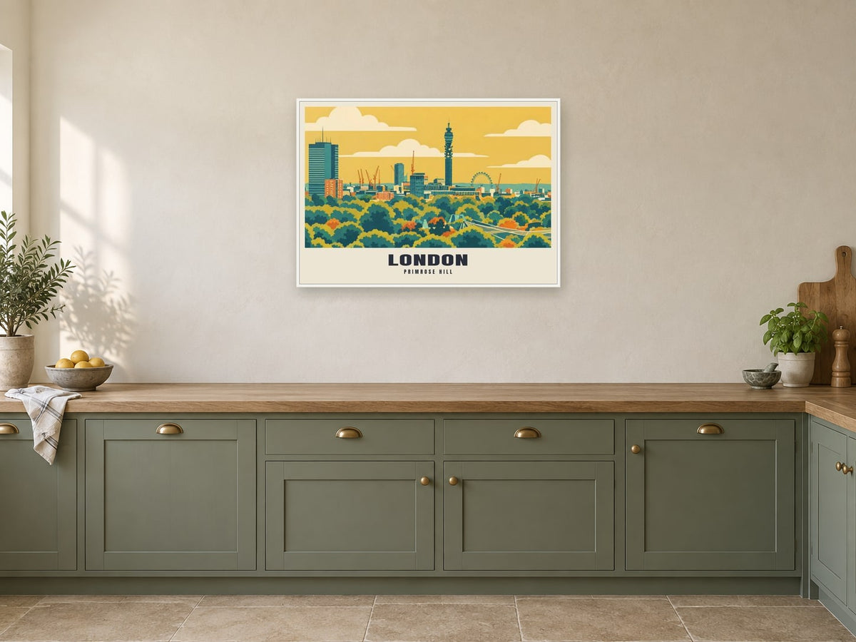 Primrose Hill, London Poster at A1, in a white frame, in a kitchen