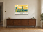 Primrose Hill, London Poster at A1, in a black frame, above a sideboard
