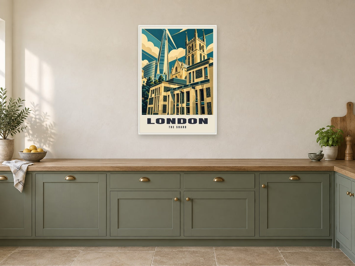 The Shard, London Poster at A1, in a white frame, in a kitchen