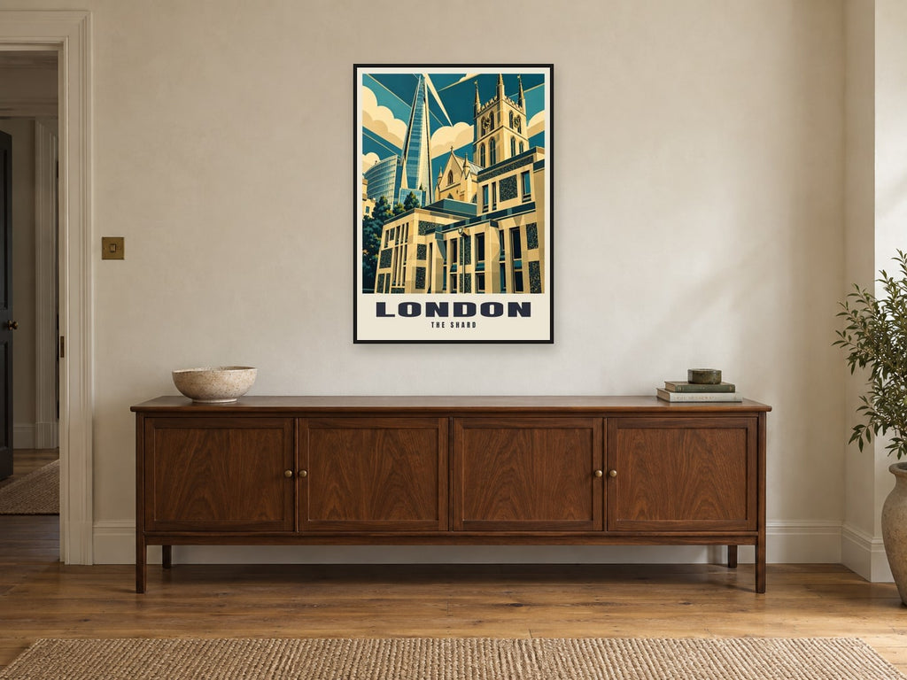 The Shard, London Poster at A1, in a black frame, above a sideboard