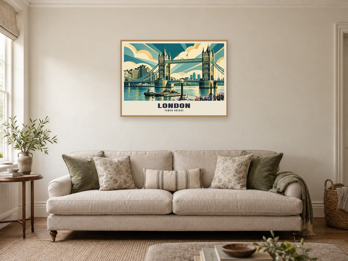 Tower Bridge, London Poster at A1, in an oak frame, in a sitting room