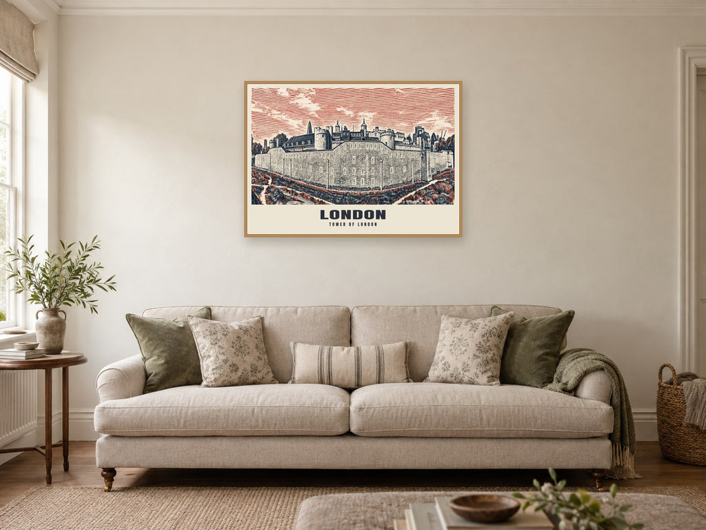 The Tower of London Poster at A1, in an oak frame, in a sitting room