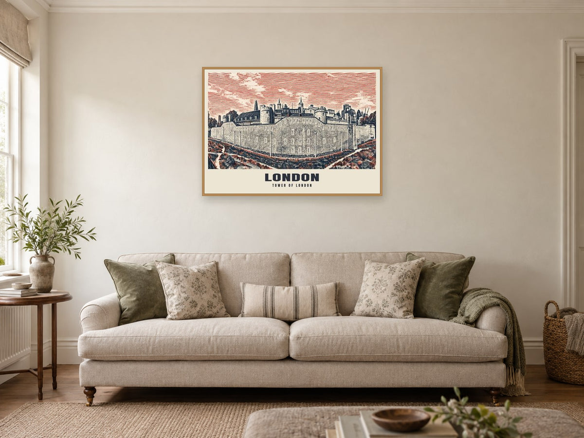 The Tower of London Poster at A1, in an oak frame, in a sitting room