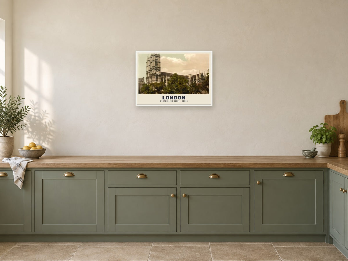 Westminster Abbey, London Poster at A2, in a white frame, in a kitchen