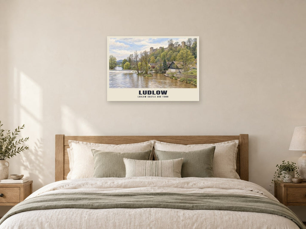 Ludlow Castle and town Poster at A1, as a poster, above a bed