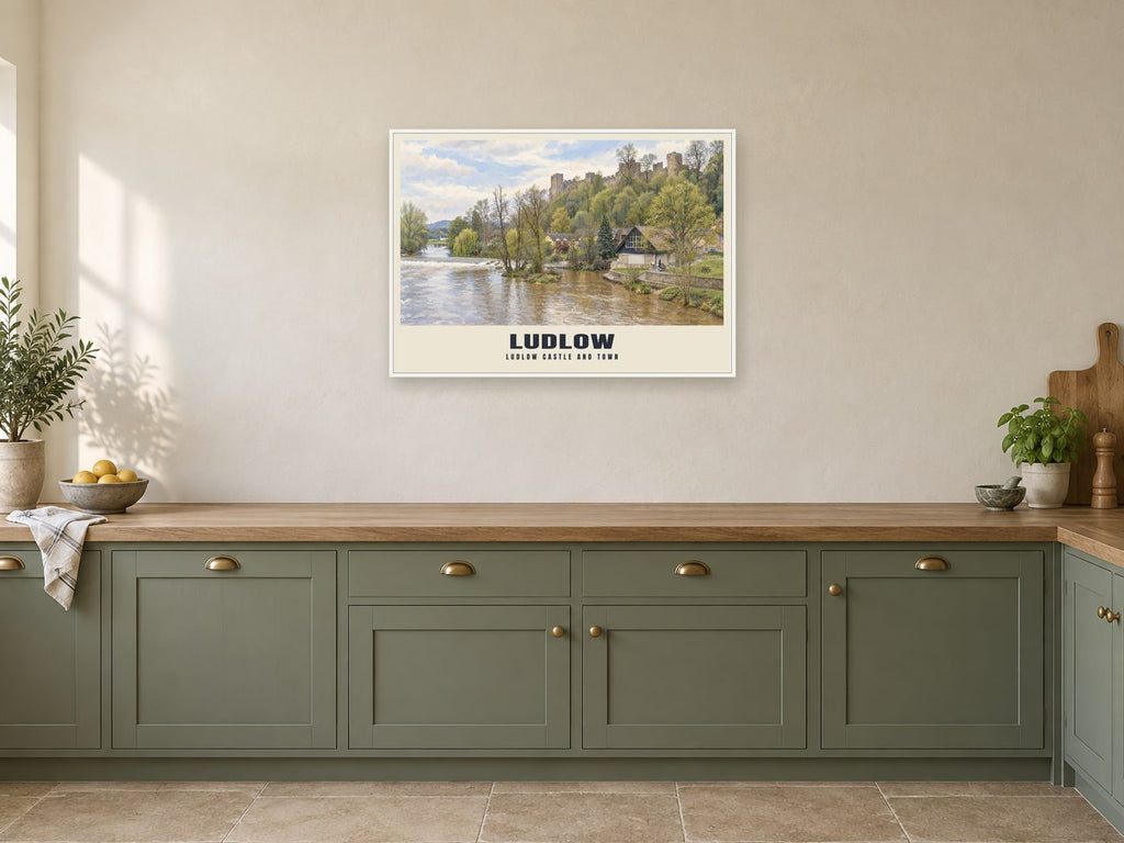 Ludlow Castle and town Poster at A1, in a white frame, in a kitchen