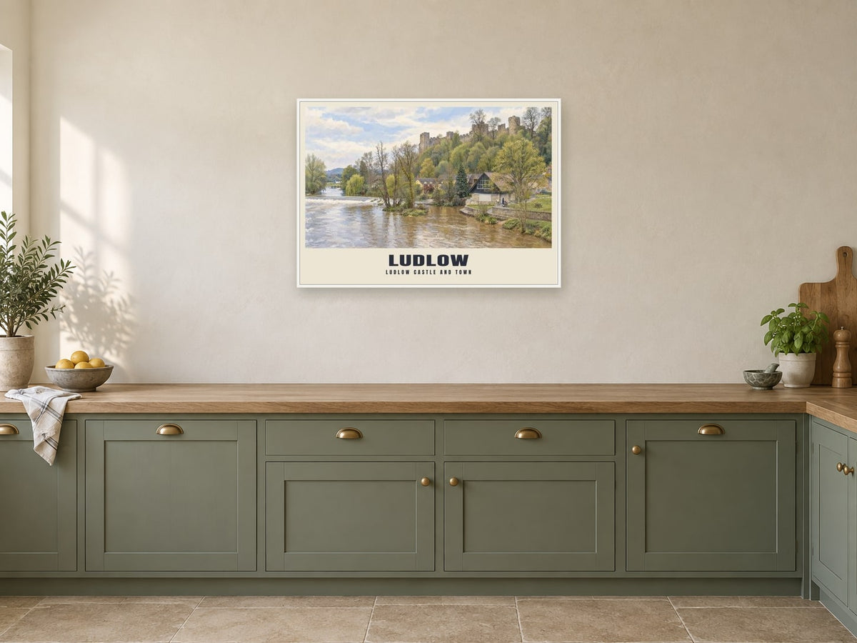 Ludlow Castle and town Poster at A1, in a white frame, in a kitchen
