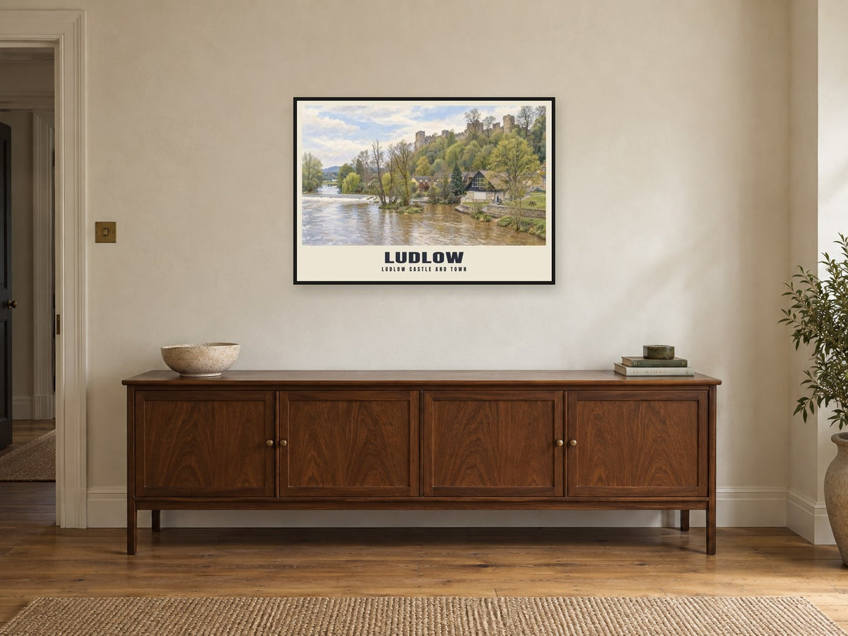 Ludlow Castle and town Poster at A1, in a black frame, above a sideboard