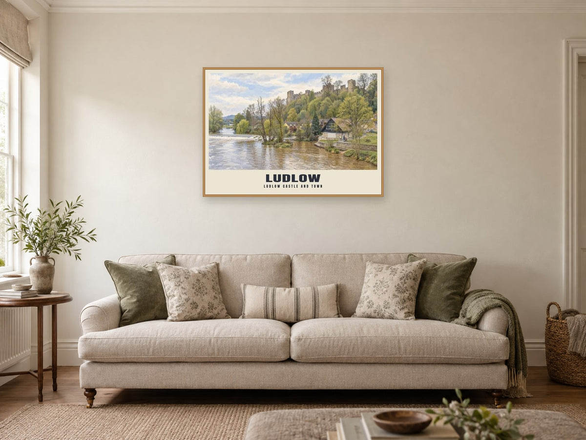 Ludlow Castle and town Poster at A1, in an oak frame, in a sitting room
