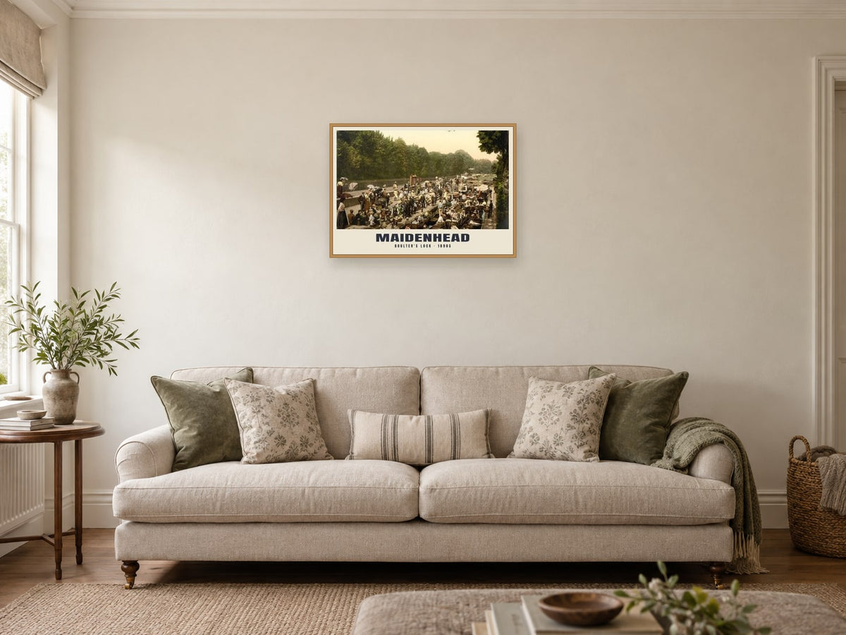 Boulter's Lock, Maidenhead, 1890s Heritage Print at A2, in an oak frame, in a sitting room