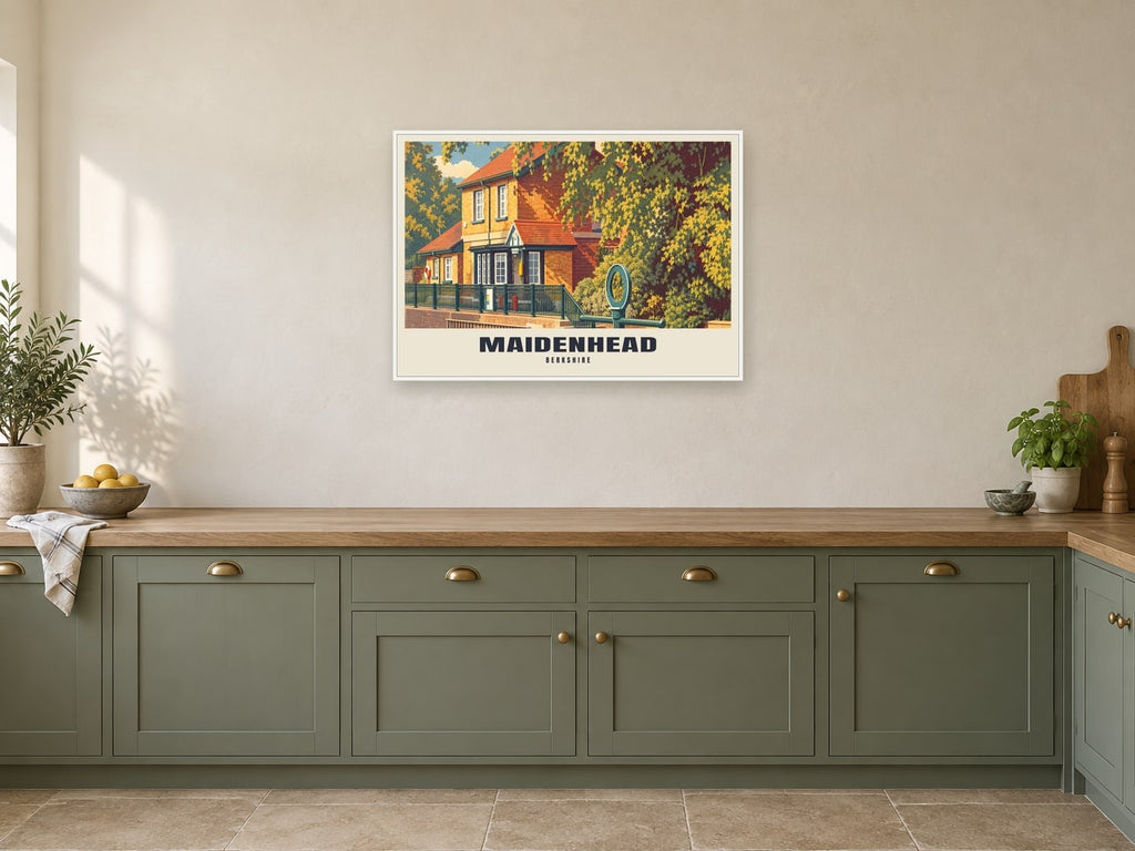 Boulter's Lock, Maidenhead Poster at A1, in a white frame, in a kitchen