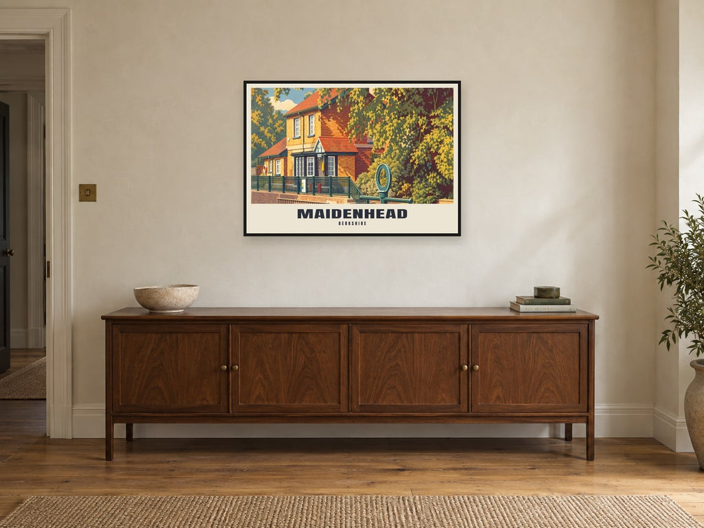 Boulter's Lock, Maidenhead Poster at A1, in a black frame, above a sideboard