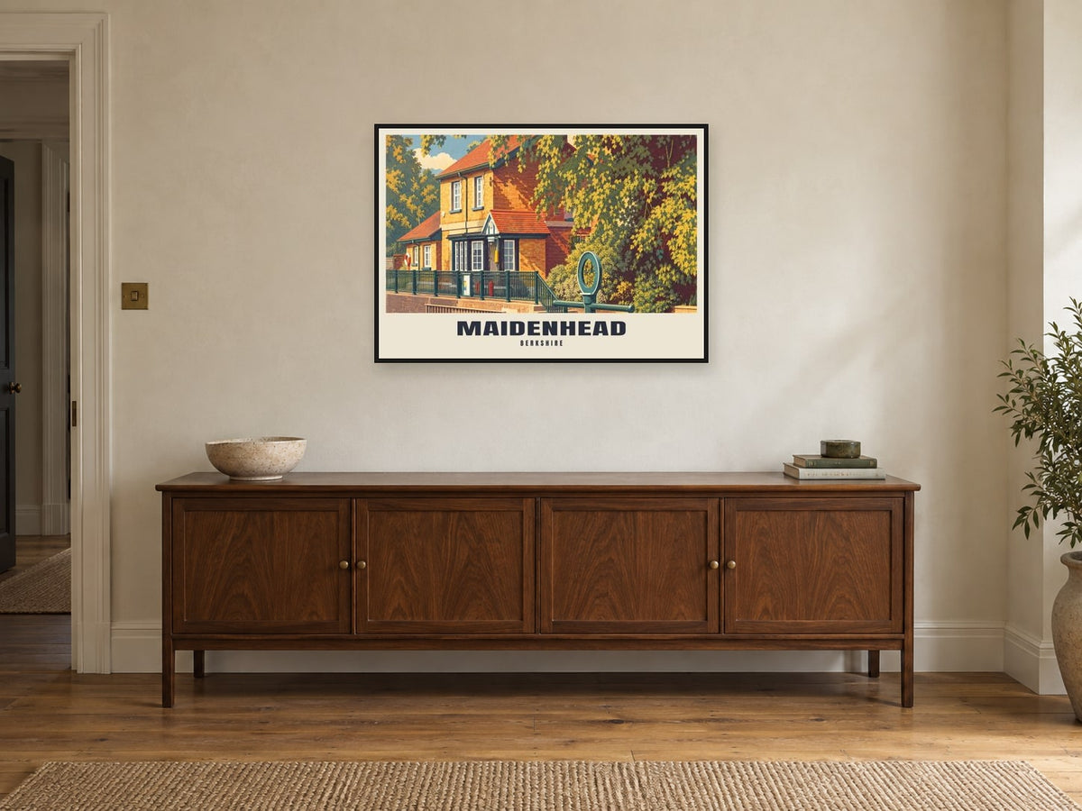 Boulter's Lock, Maidenhead Poster at A1, in a black frame, above a sideboard