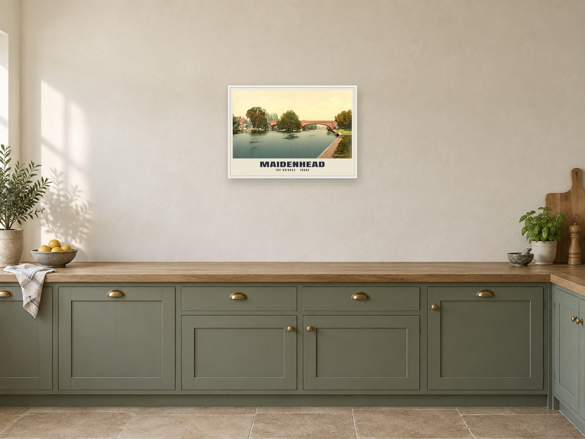 The Thames at Maidenhead, 1890s Heritage Print at A2, in a white frame, in a kitchen