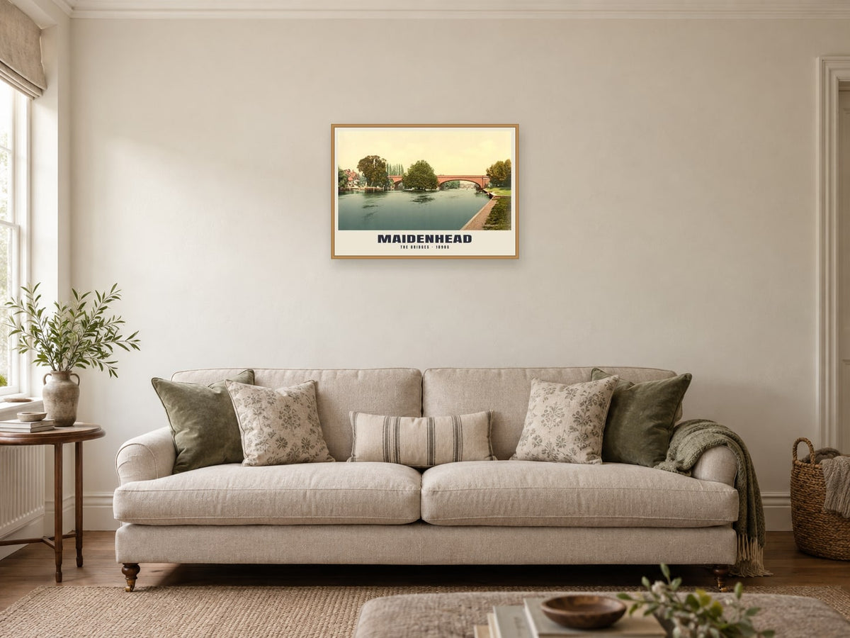The Thames at Maidenhead, 1890s Heritage Print at A2, in an oak frame, in a sitting room
