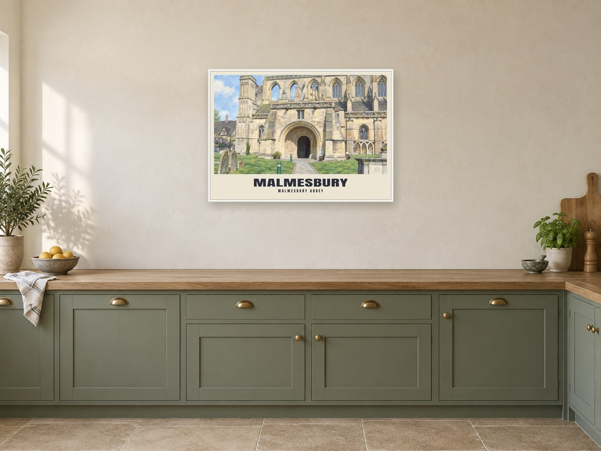 Malmesbury Abbey Poster at A1, in a white frame, in a kitchen