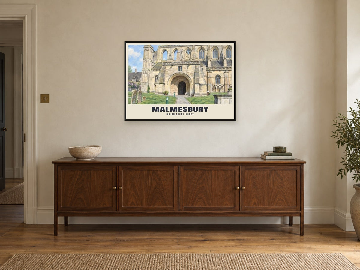Malmesbury Abbey Poster at A1, in a black frame, above a sideboard