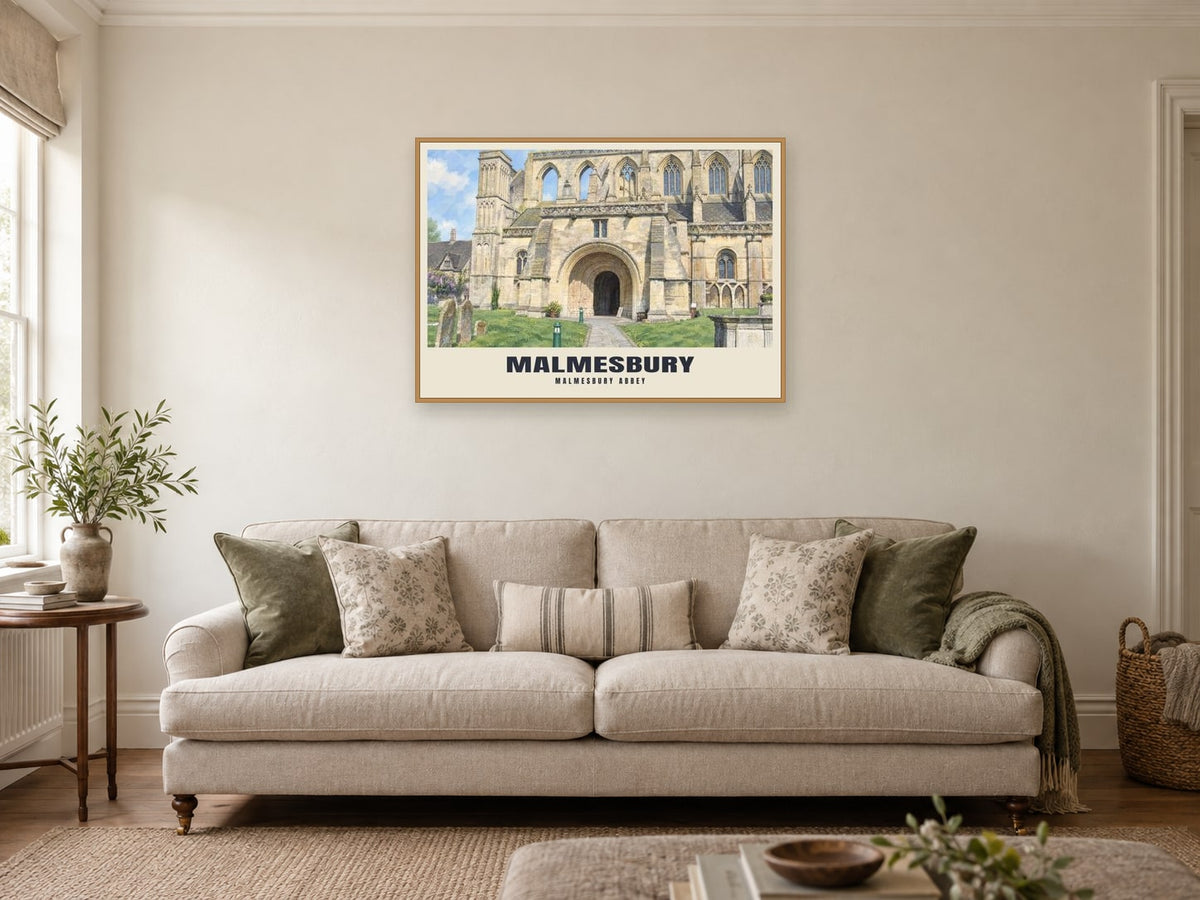 Malmesbury Abbey Poster at A1, in an oak frame, in a sitting room