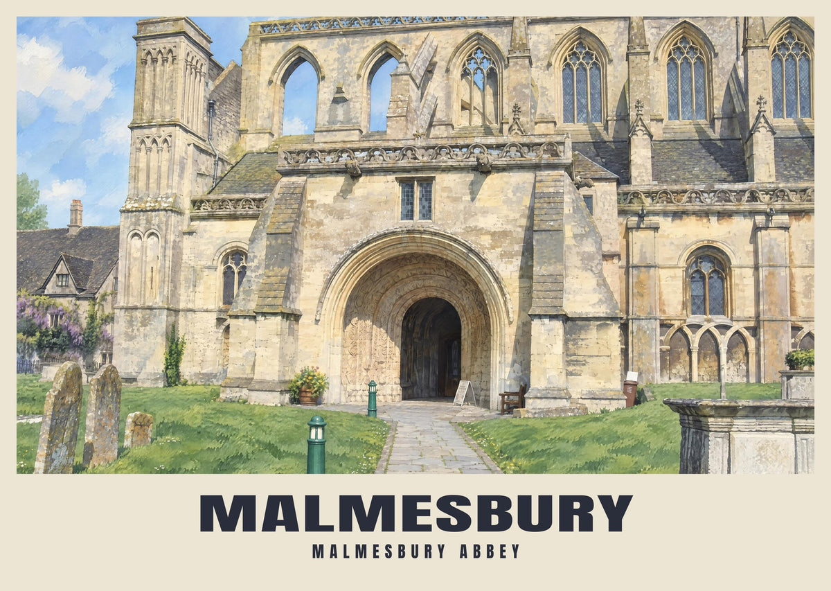 Malmesbury Abbey poster in the British Heritage style