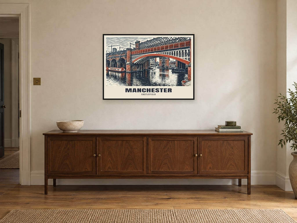 Castlefield, Manchester Poster at A1, in a black frame, above a sideboard