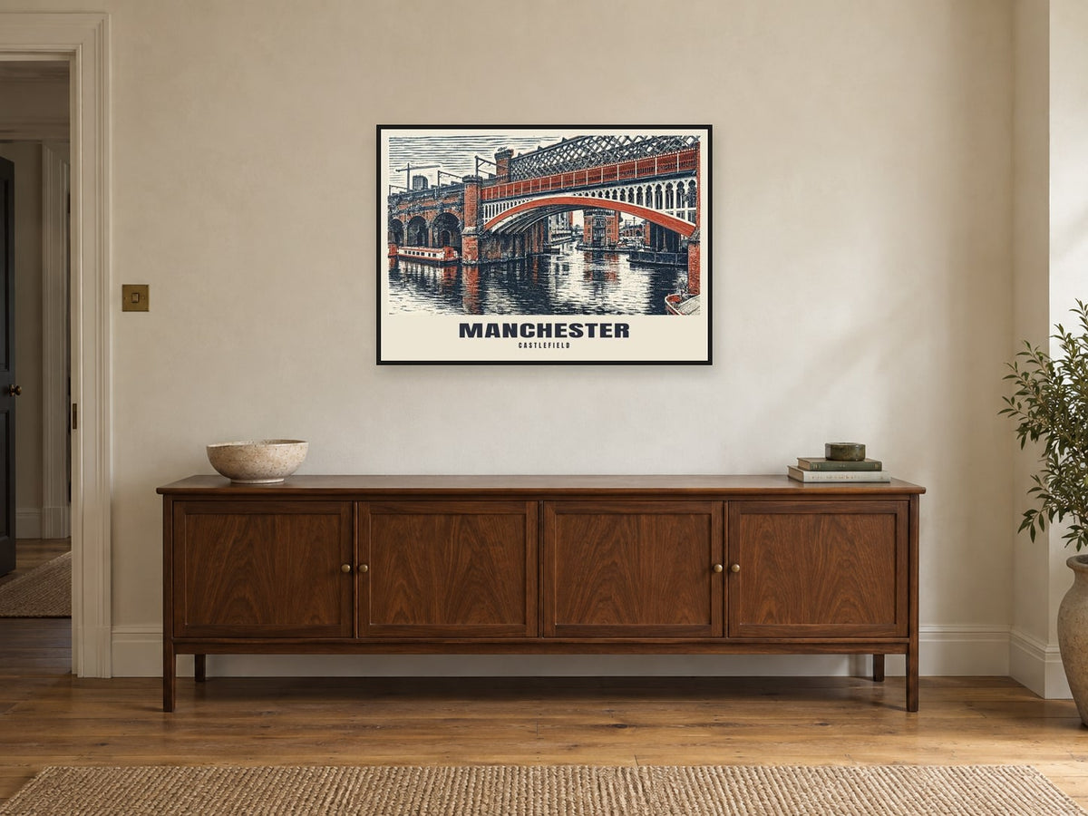 Castlefield, Manchester Poster at A1, in a black frame, above a sideboard