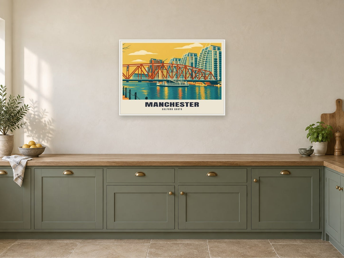 Salford Quays, Manchester Poster at A1, in a white frame, in a kitchen