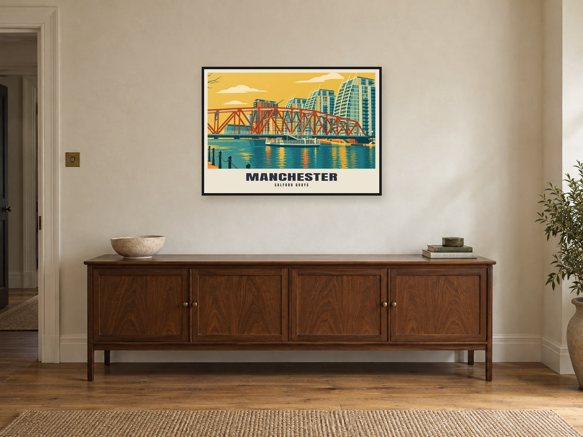 Salford Quays, Manchester Poster at A1, in a black frame, above a sideboard