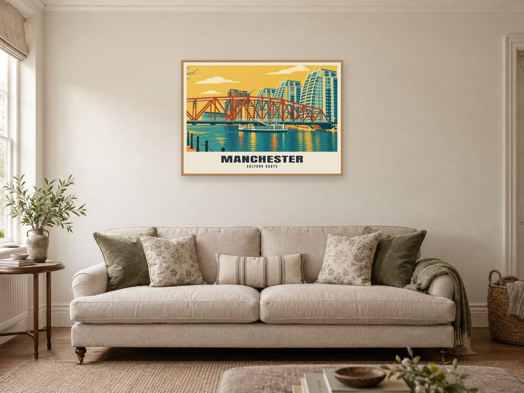 Salford Quays, Manchester Poster at A1, in an oak frame, in a sitting room