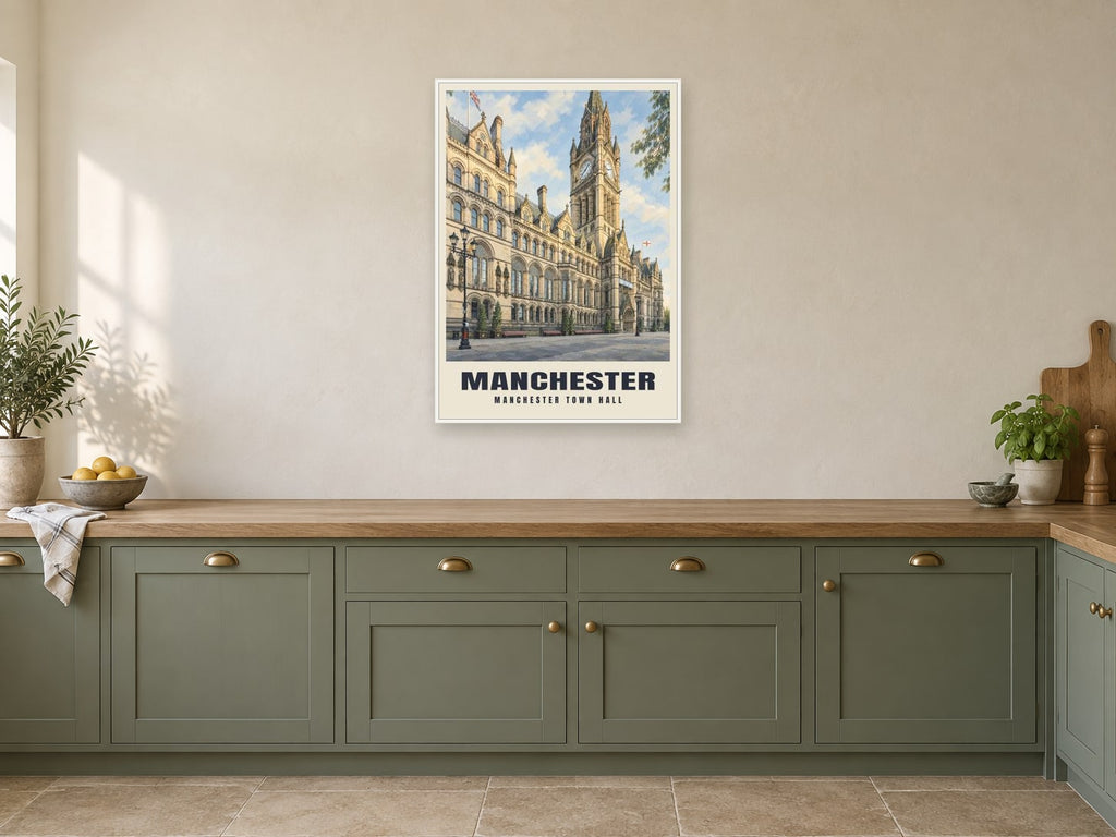 Manchester Town Hall Poster at A1, in a white frame, in a kitchen