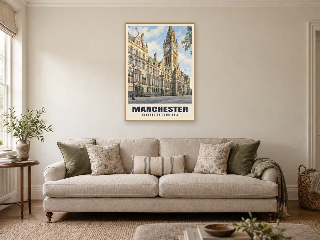 Manchester Town Hall Poster at A1, in an oak frame, in a sitting room